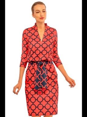 Gretchen Scott Designs Coral orange and Navy Geometric Sheath Dress